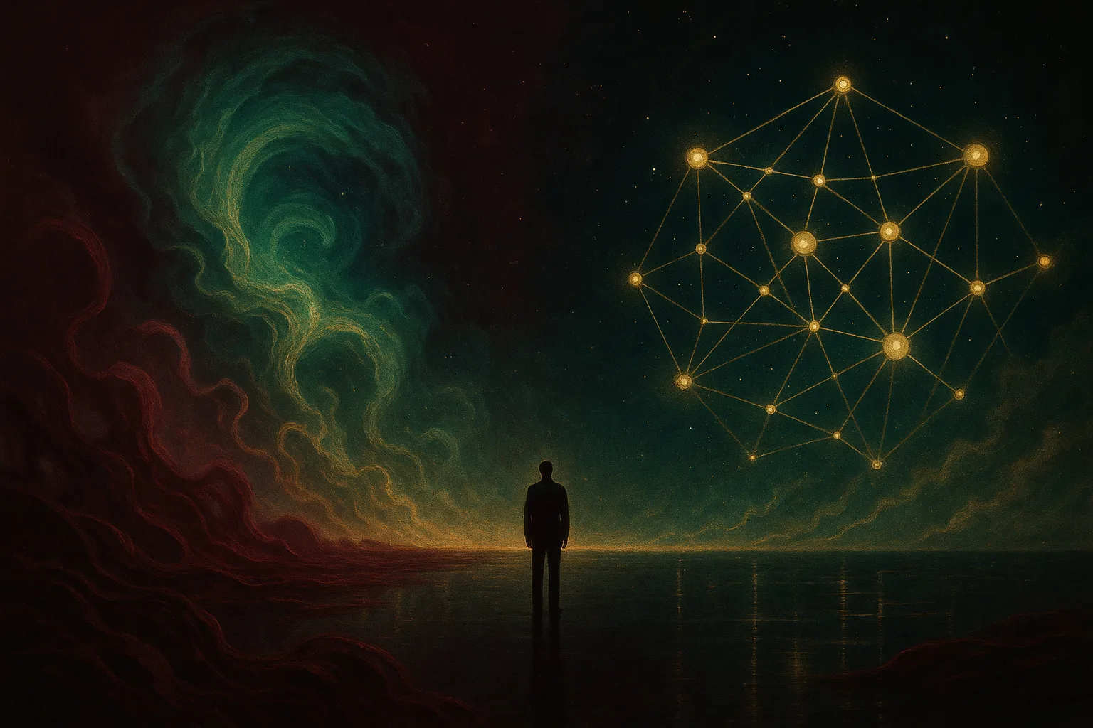 Editorial illustration of two diverging commerce paths, one crowded consumer checkout route fading into noise and one structured B2B machine-payment corridor glowing with controlled signals