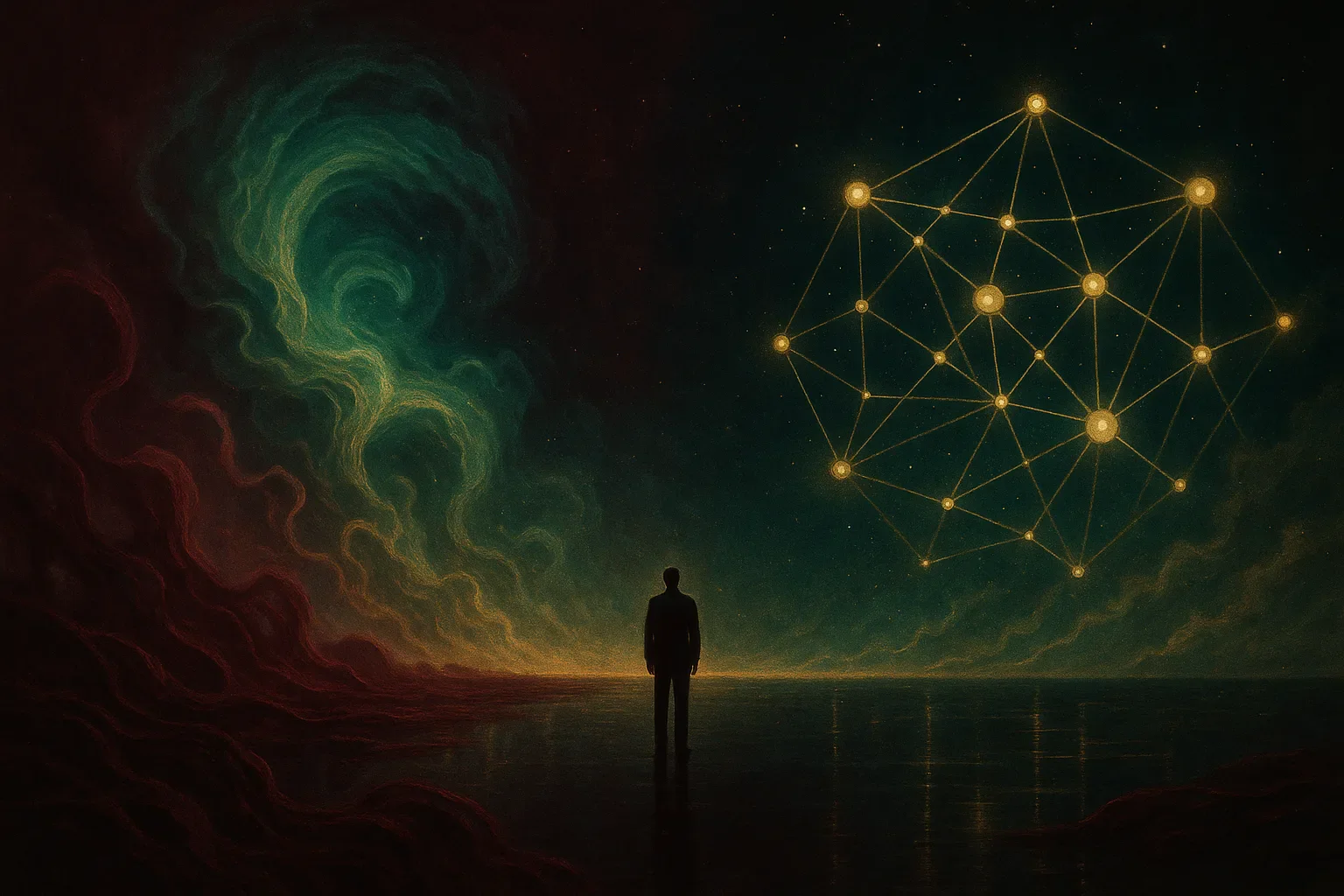 Editorial illustration of two diverging commerce paths, one crowded consumer checkout route fading into noise and one structured B2B machine-payment corridor glowing with controlled signals