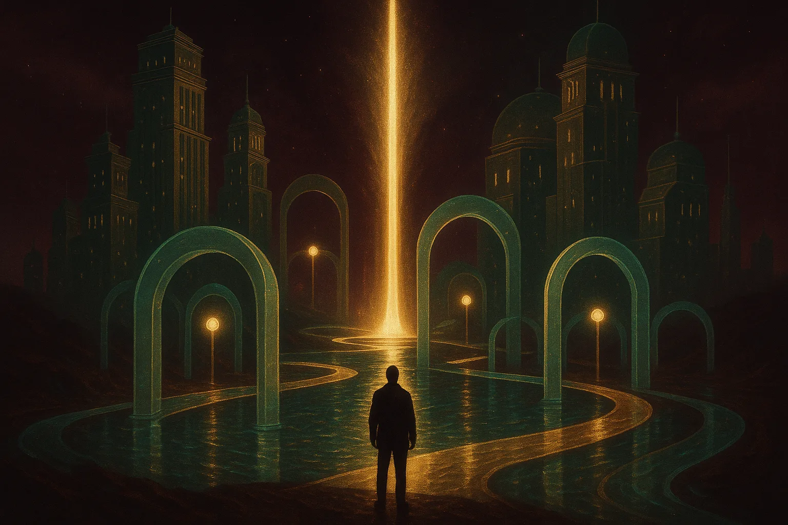 Editorial illustration of a central commerce network linking merchant nodes, protocol pathways, and payment rails through one trusted luminous corridor