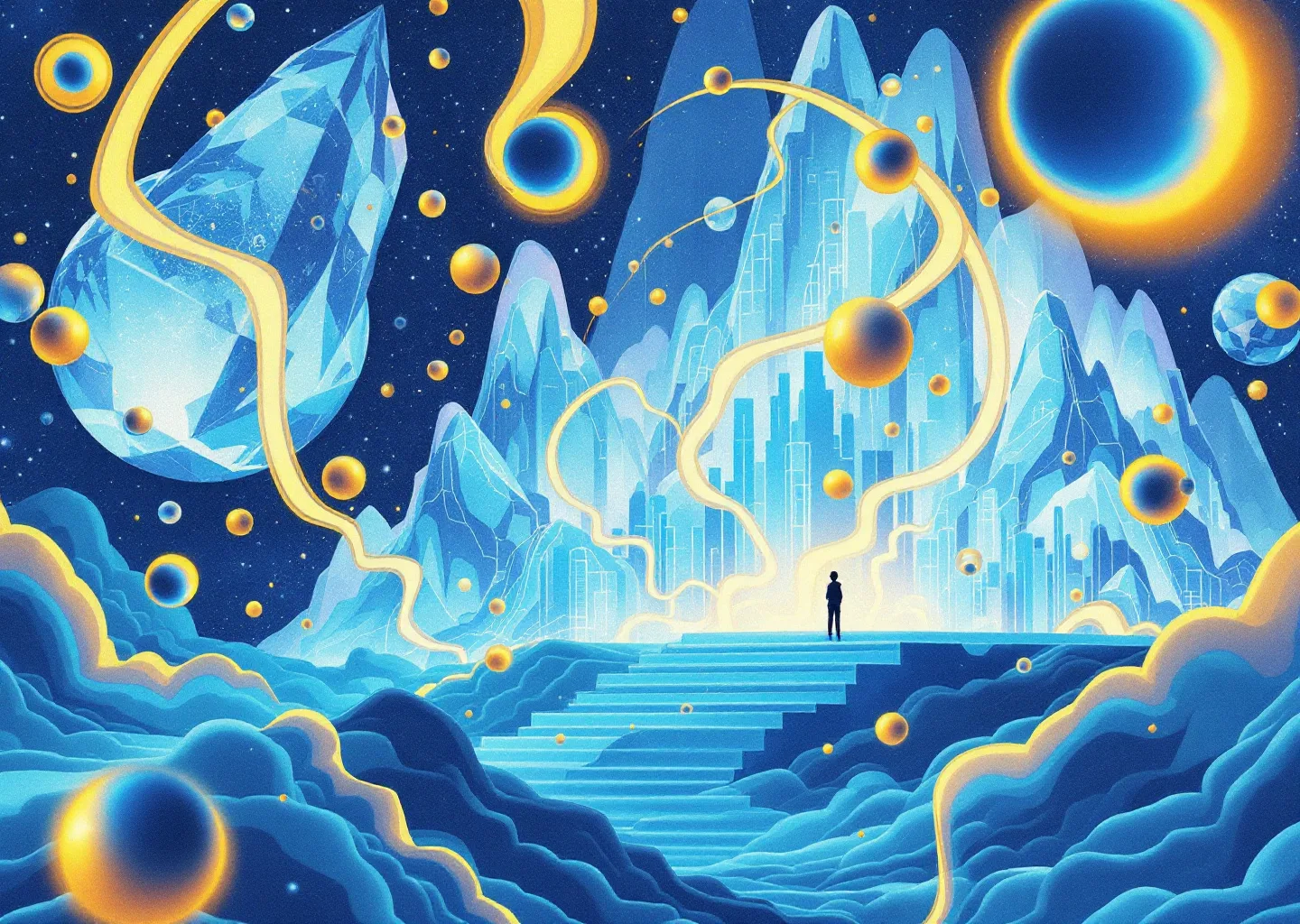 Conceptual editorial illustration of statistical towers, discovery streams, and recommendation nodes forming one AI search benchmark landscape