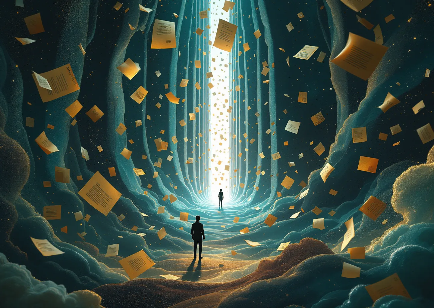 Dreamlike editorial illustration of floating documents, fading source paths, and one luminous answer channel surviving a compression filter