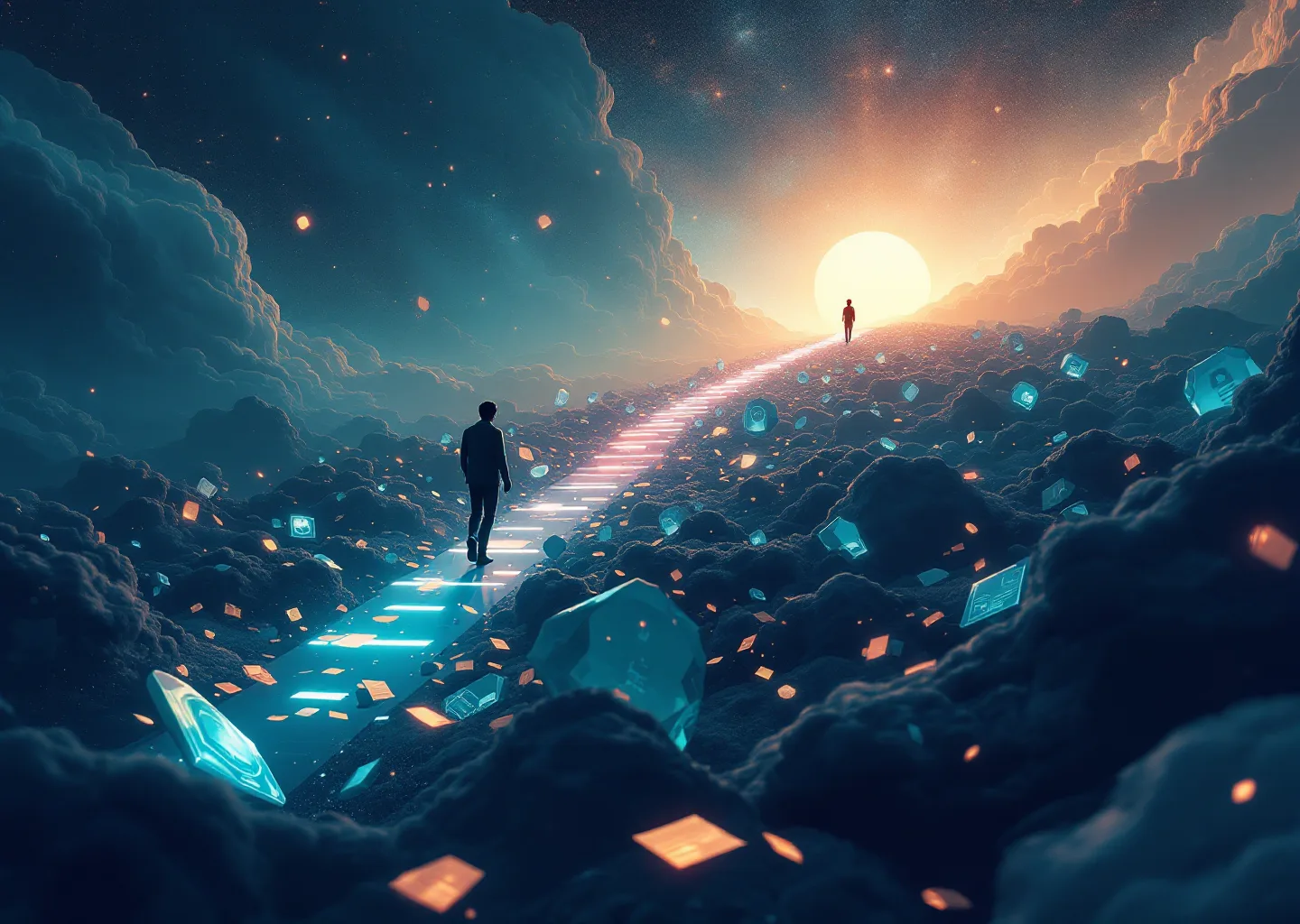 Surreal editorial scene of a researcher moving through illuminated documents and evidence shards toward one bright verified answer horizon