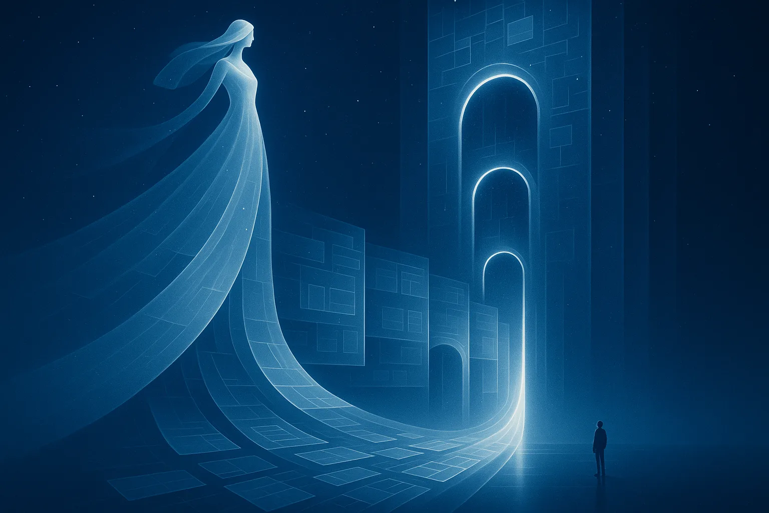 Editorial illustration of a retailer crossing from traditional ecommerce into AI-native commerce channels through structured catalog pathways and merchant-controlled checkout rails