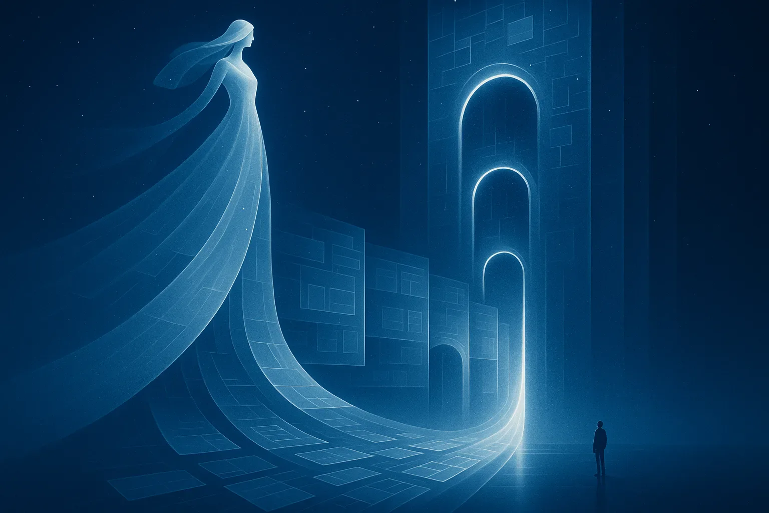 Editorial illustration of a retailer crossing from traditional ecommerce into AI-native commerce channels through structured catalog pathways and merchant-controlled checkout rails