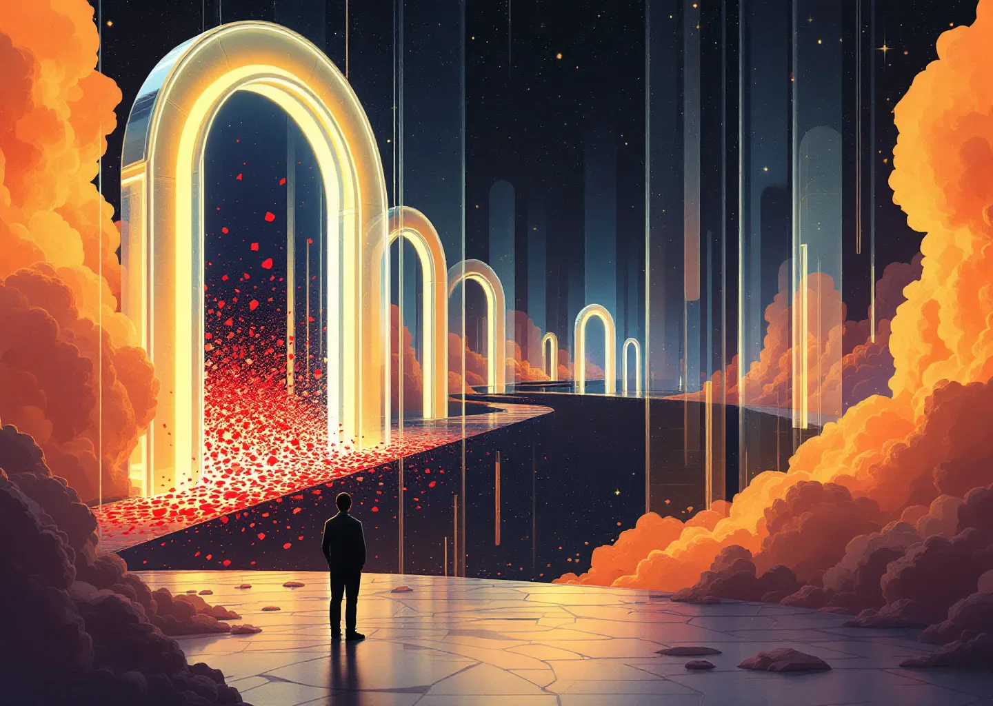 Editorial illustration of a controlled transaction gateway where verified AI agents pass through intent, authentication, and liability checkpoints before reaching payment rails