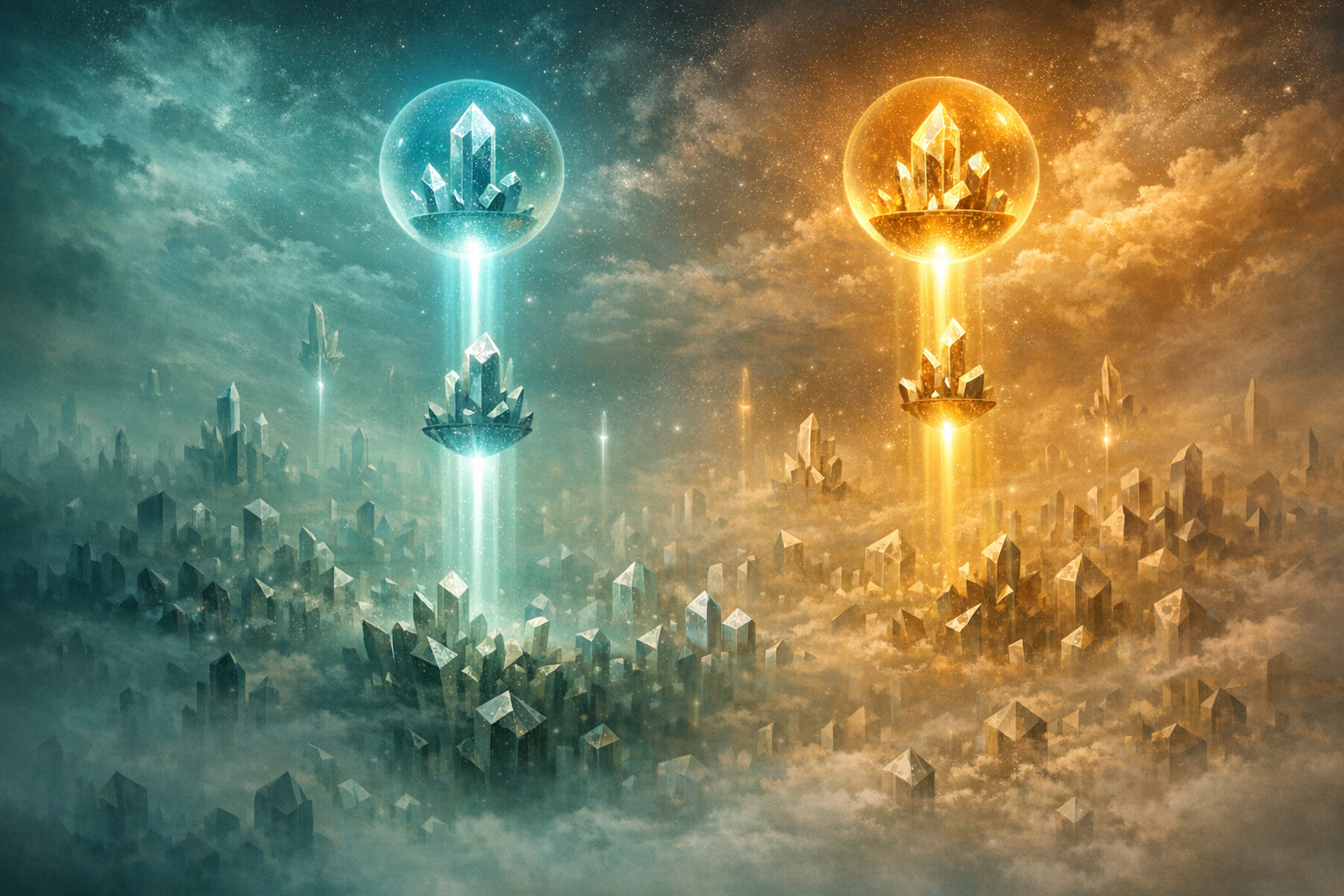 Surrealist conceptual illustration showing a vast knowledge landscape where floating crystalline structures represent citable information, with AI beams selecting and elevating specific volumes into glowing recommendation spheres
