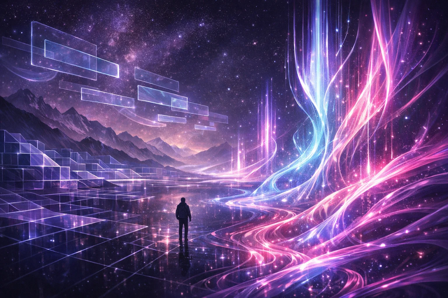 Surrealist editorial illustration showing a lone figure navigating a vast shifting landscape of interconnected search queries with glowing pathways representing real-time AI intent interpretation