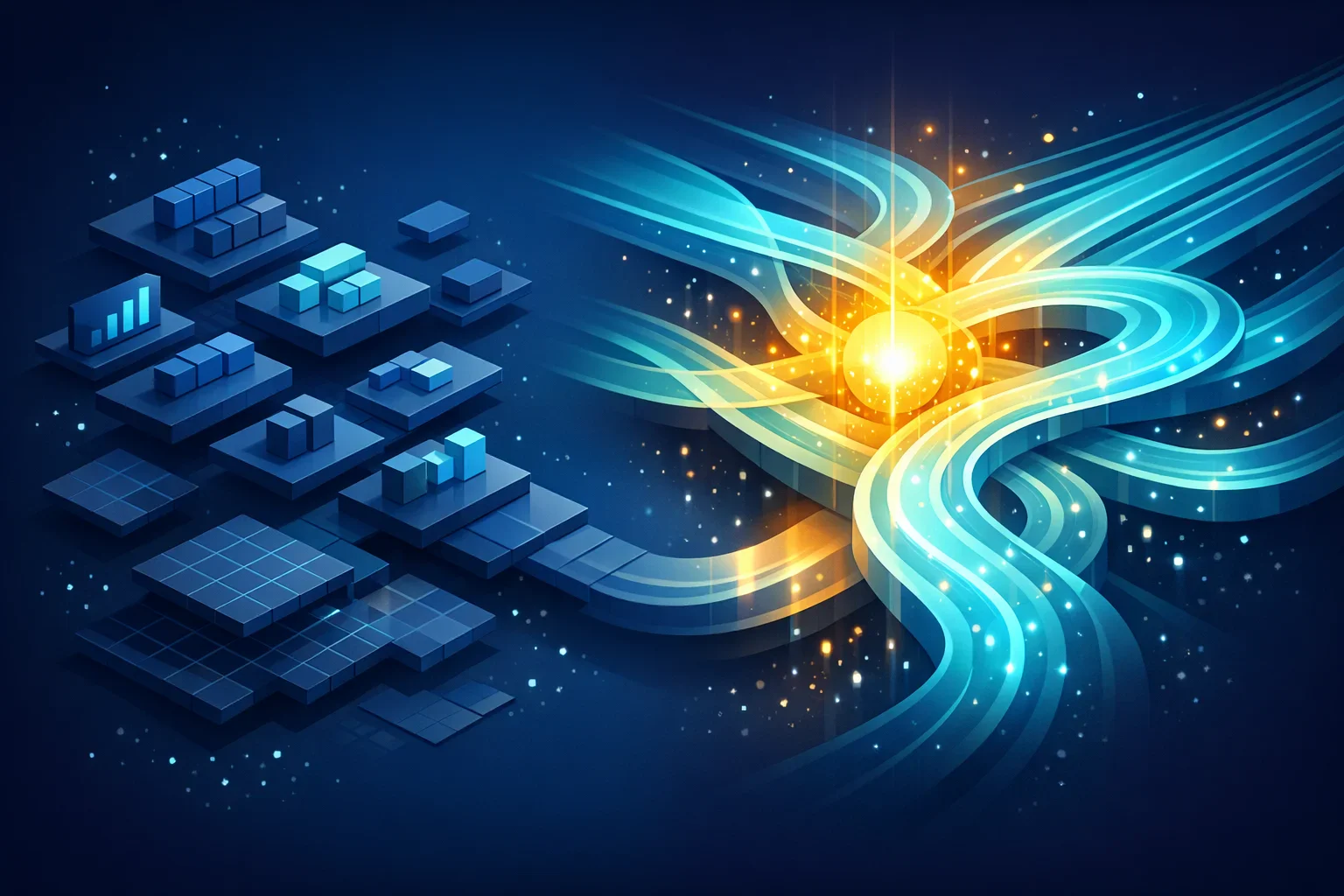 Abstract isometric illustration showing fragmented manual targeting blocks transforming into a unified flowing AI-powered intent layer