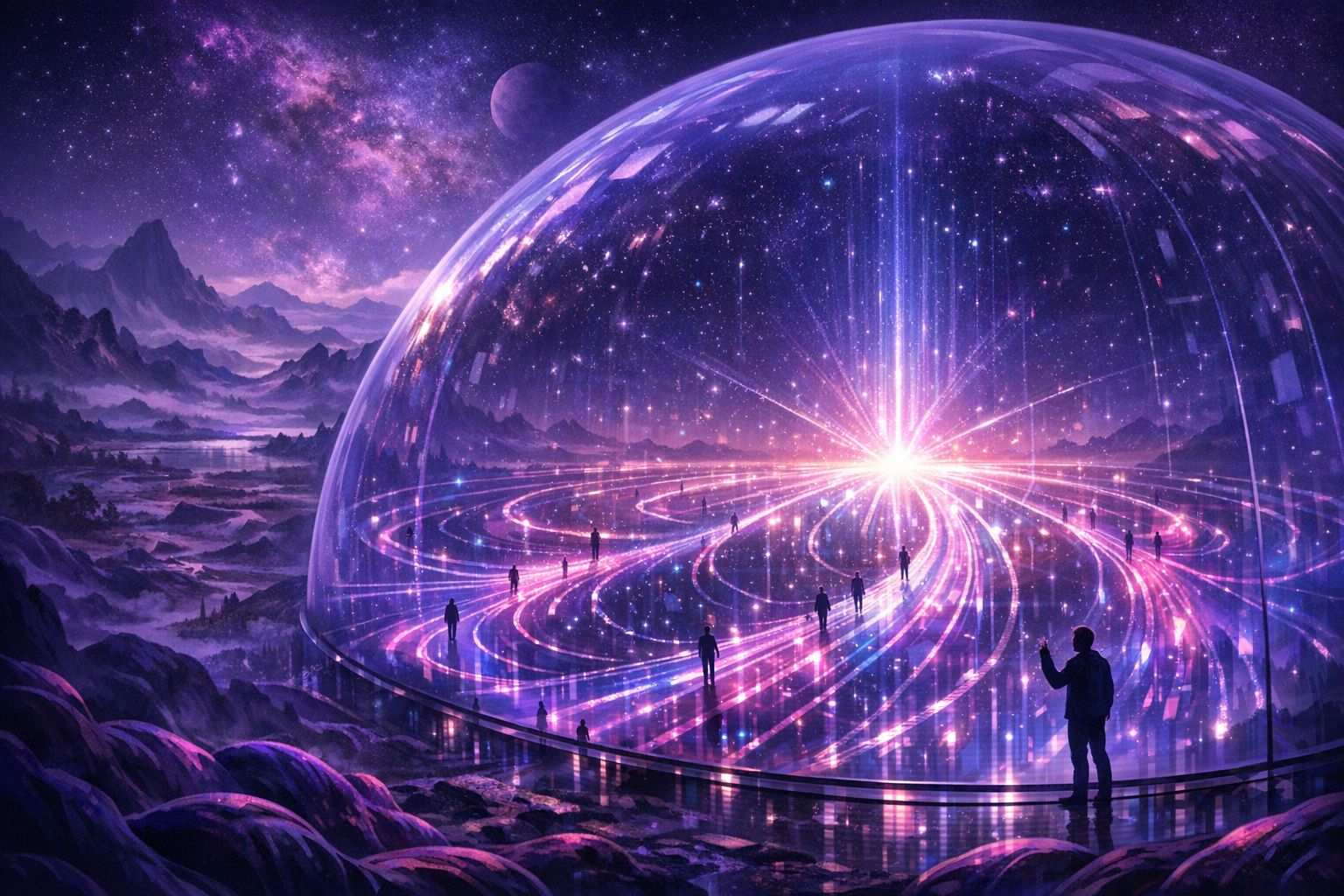 A vast transparent dome enclosing illuminated pathways that all curve toward a central point, with a lone figure standing near the glass boundary looking outward at the wild landscape beyond.