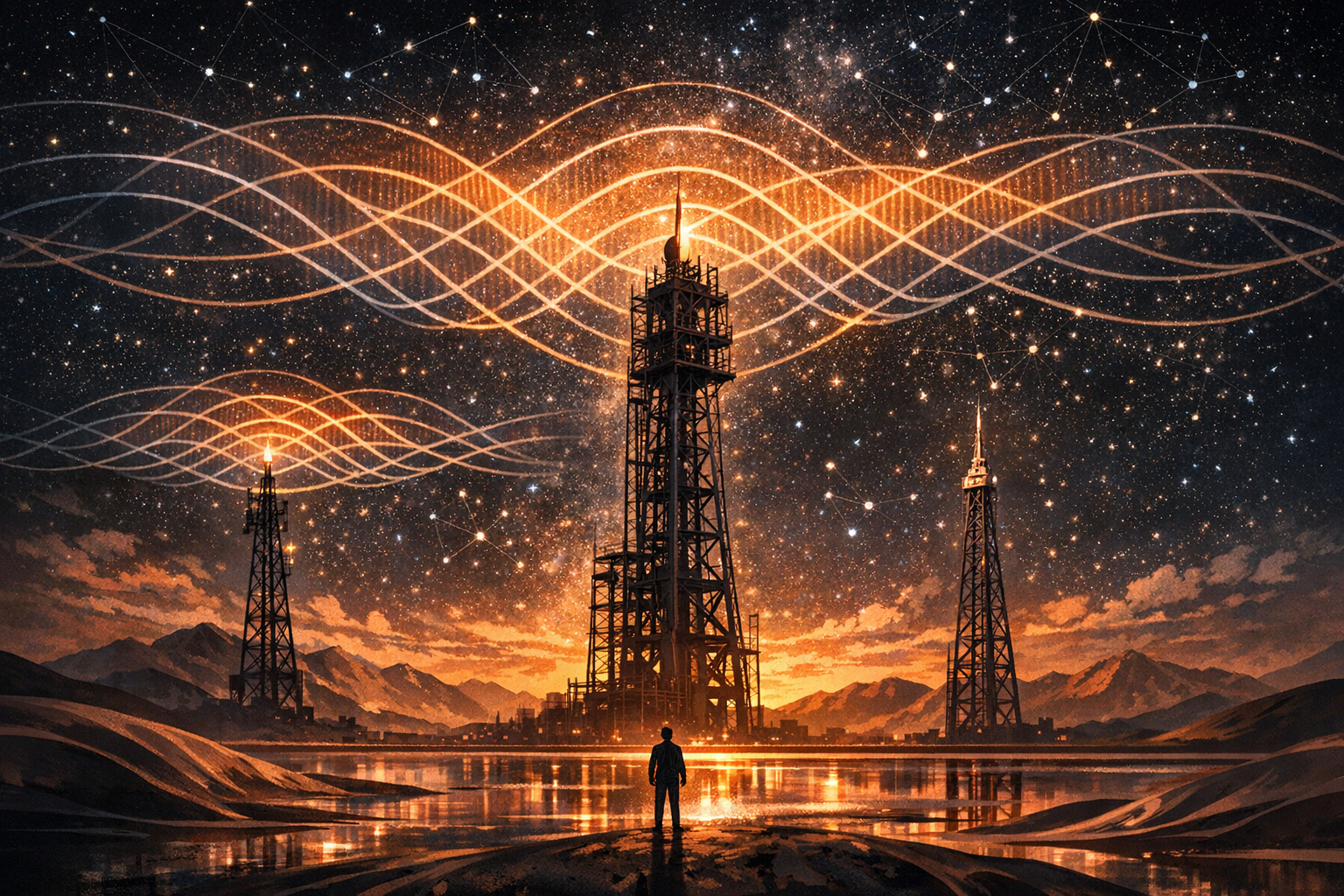 Three signal towers broadcasting converging wave patterns, representing the institutional convergence of GEO as a recognized discipline