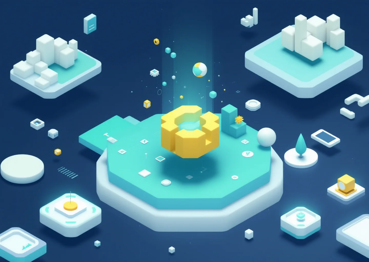 A vast floating marketplace in digital space where luminous AI agent figures navigate between vendor stalls