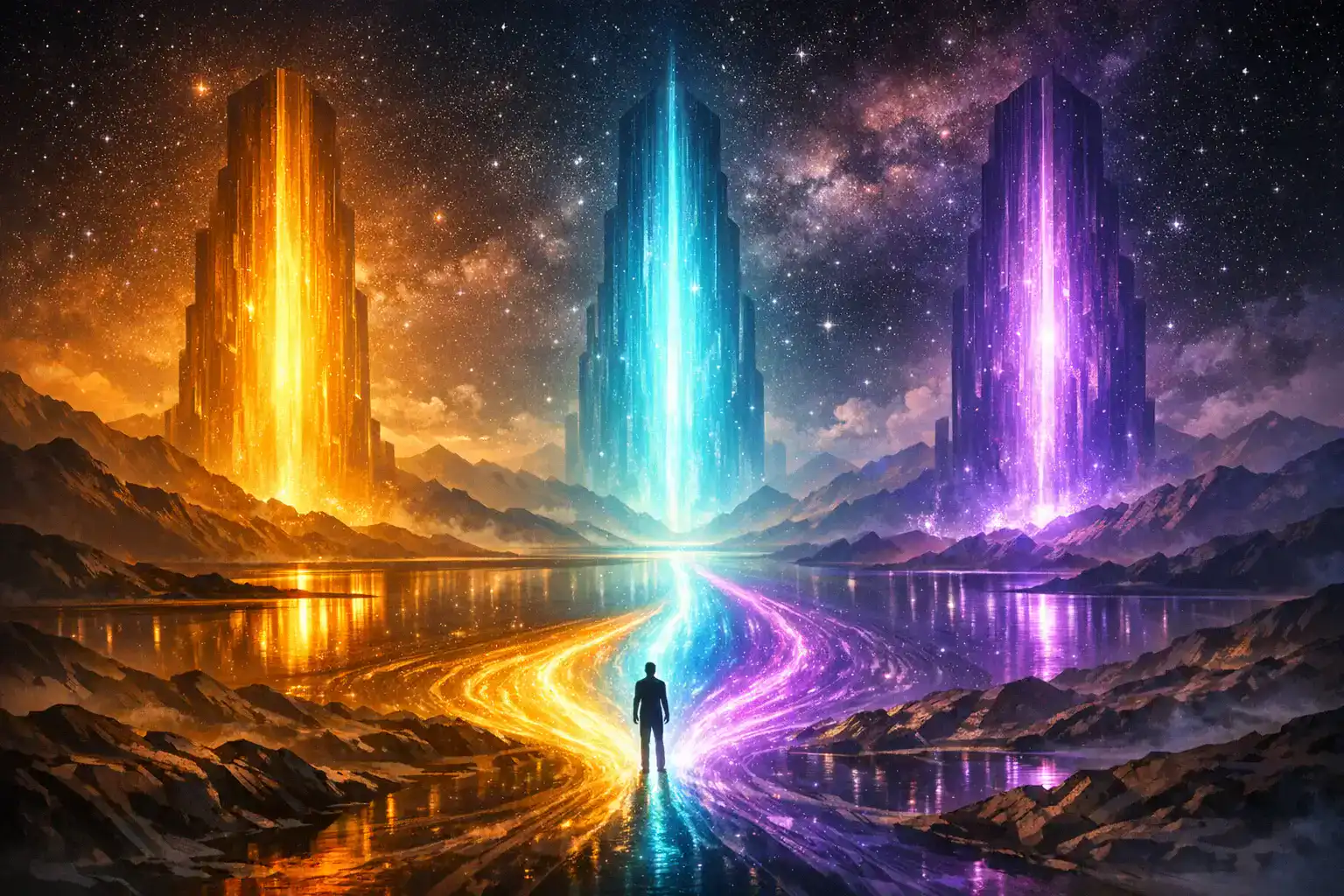 Three luminous structures rising from a cosmic landscape, each emitting a distinct light signature, with a solitary figure standing at the confluence point where their data streams merge into a single luminous river.