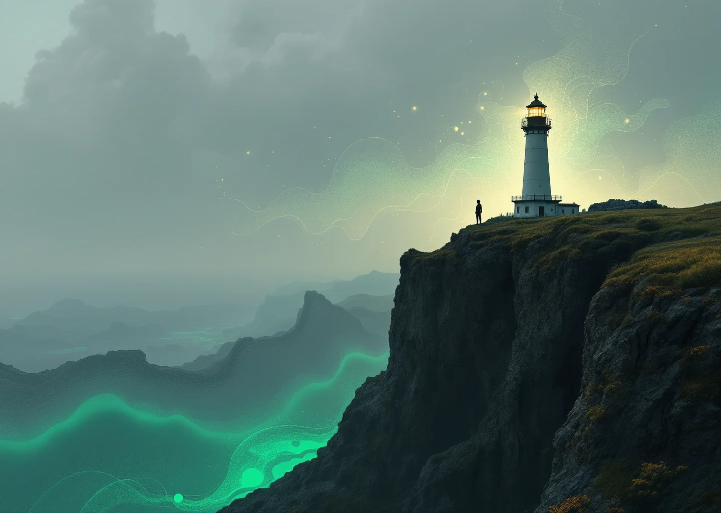 A lighthouse scanning beams across multiple AI platform horizons