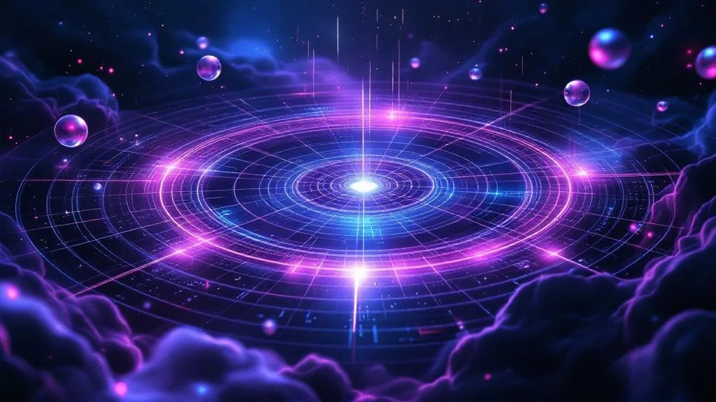 Diagnostic radar visualization showing five authority gap dimensions as interconnected segments around a central visibility score, rendered in deep navy and electric violet tones with holographic glass elements floating in space