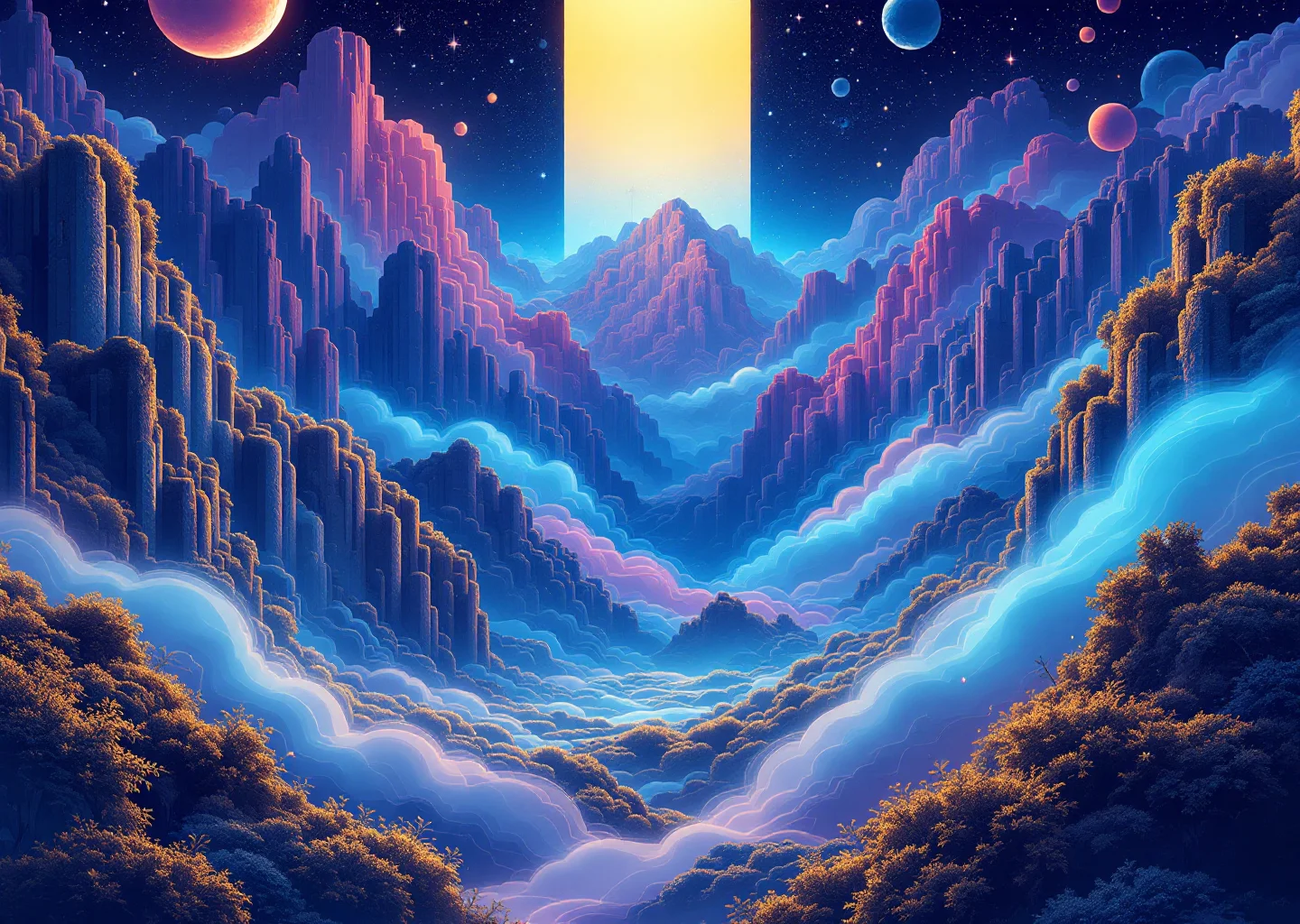 Cosmic landscape with luminous pathways connecting floating platforms