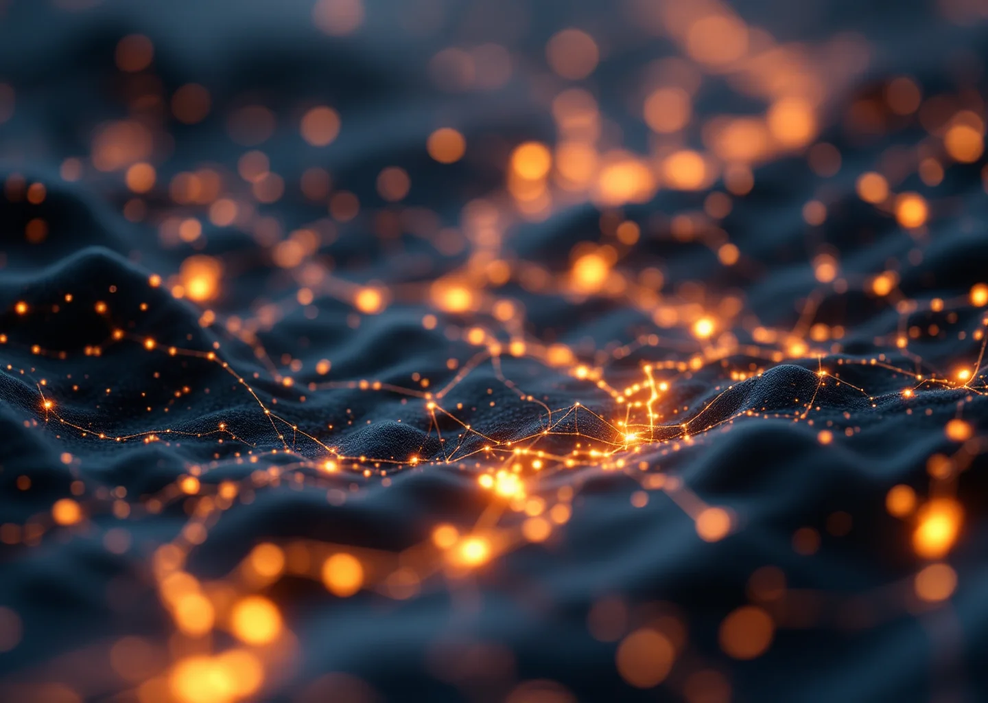 Layered network of illuminated pathways connecting floating knowledge nodes