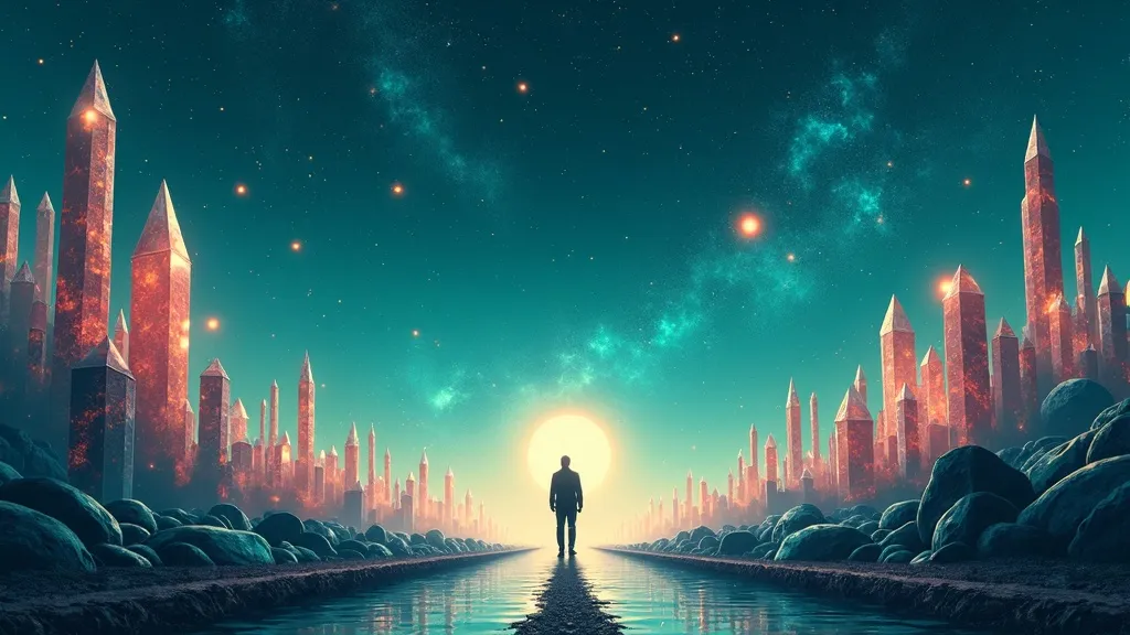 Two diverging paths in a cosmic landscape: a crowded commercial highway of paid placements versus a garden of naturally glowing organic citation crystals