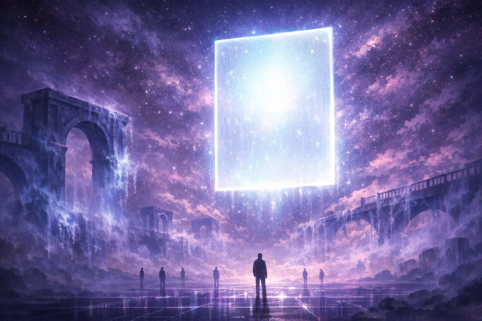 Ghostly publisher doorways dissolving into mist while a luminous answer panel absorbs attention above