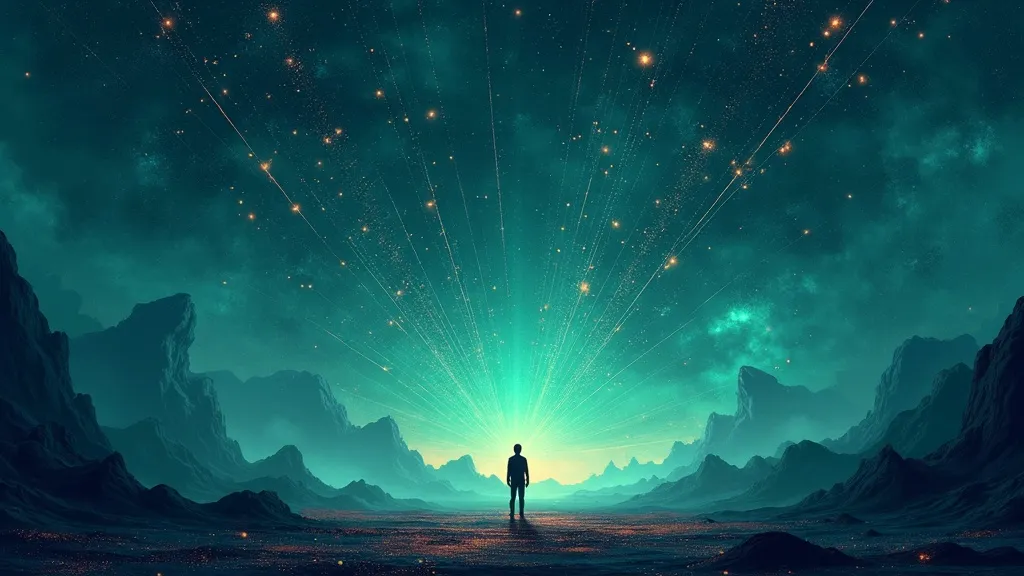 A vast cosmic landscape where small but intensely bright AI referral streams converge into conversion nodes, outshining larger but dimmer organic search flows