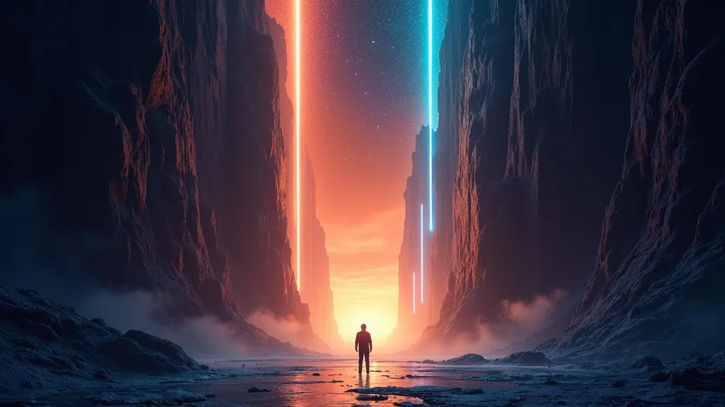 Two massive payment gateways facing each other across a vast digital canyon, each emitting different-colored light beams into a shared commerce space, with a small human figure standing between them