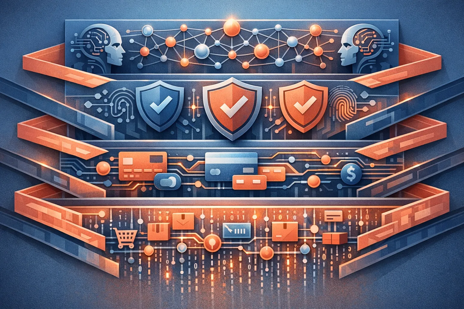 Agentic commerce infrastructure layers: product feeds, payment rails, identity verification, and AI recommendation engines