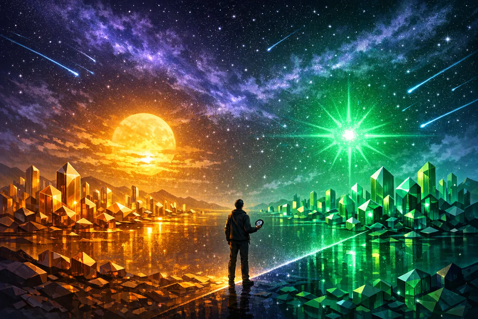 Inline editorial illustration: A surrealist cosmic landscape where two celestial bodies, one fading and one intensifying, cast different light spectra across a terrain of abstract geometric structures representing brand entities. The transition between light sources creates a visible boundary line where visibility patterns shift. Deep indigo and electric violet atmosphere with warm amber at the transition zone.