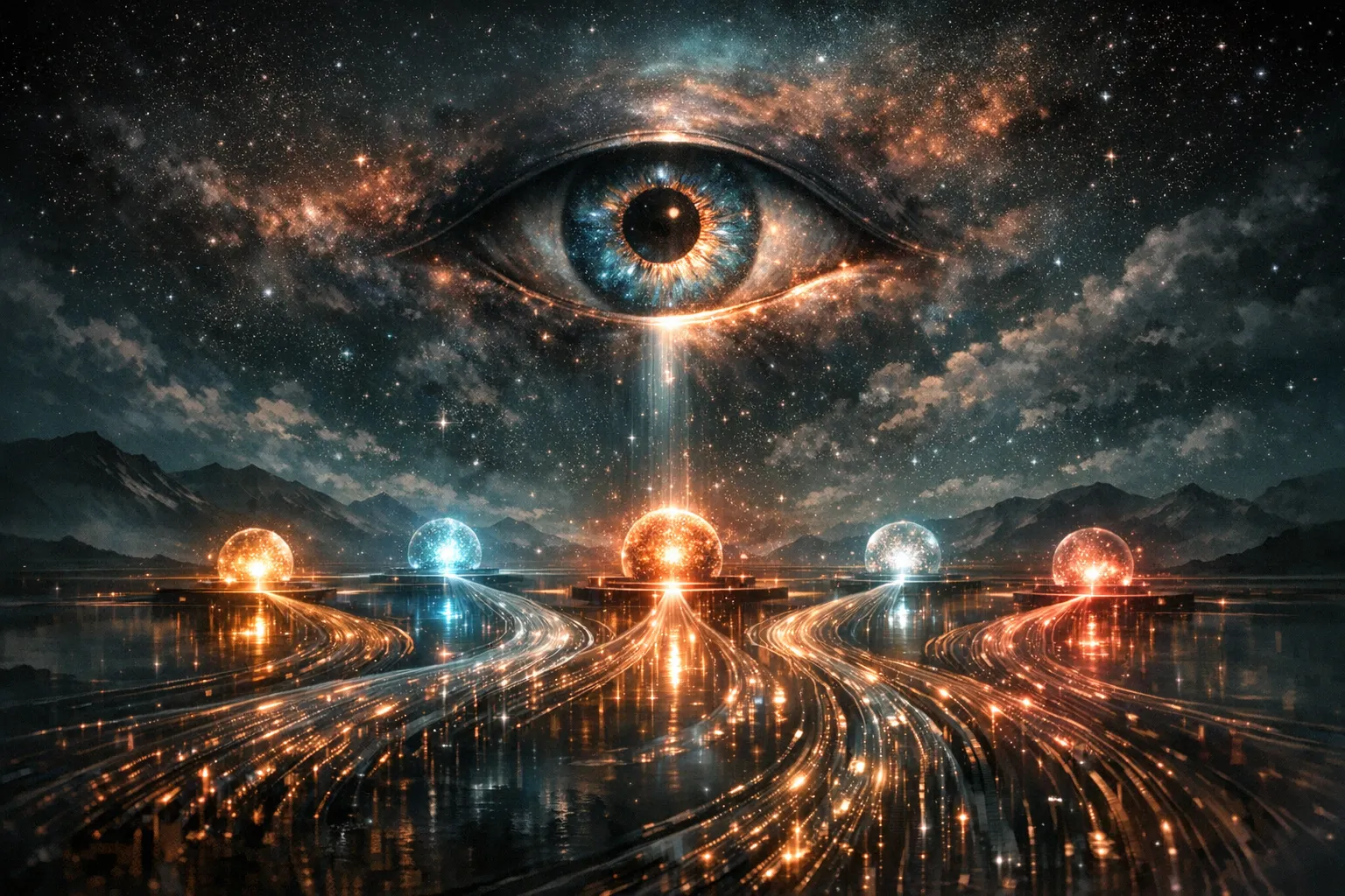 A cosmic eye floating above data streams from five AI engine sources in a surrealist landscape