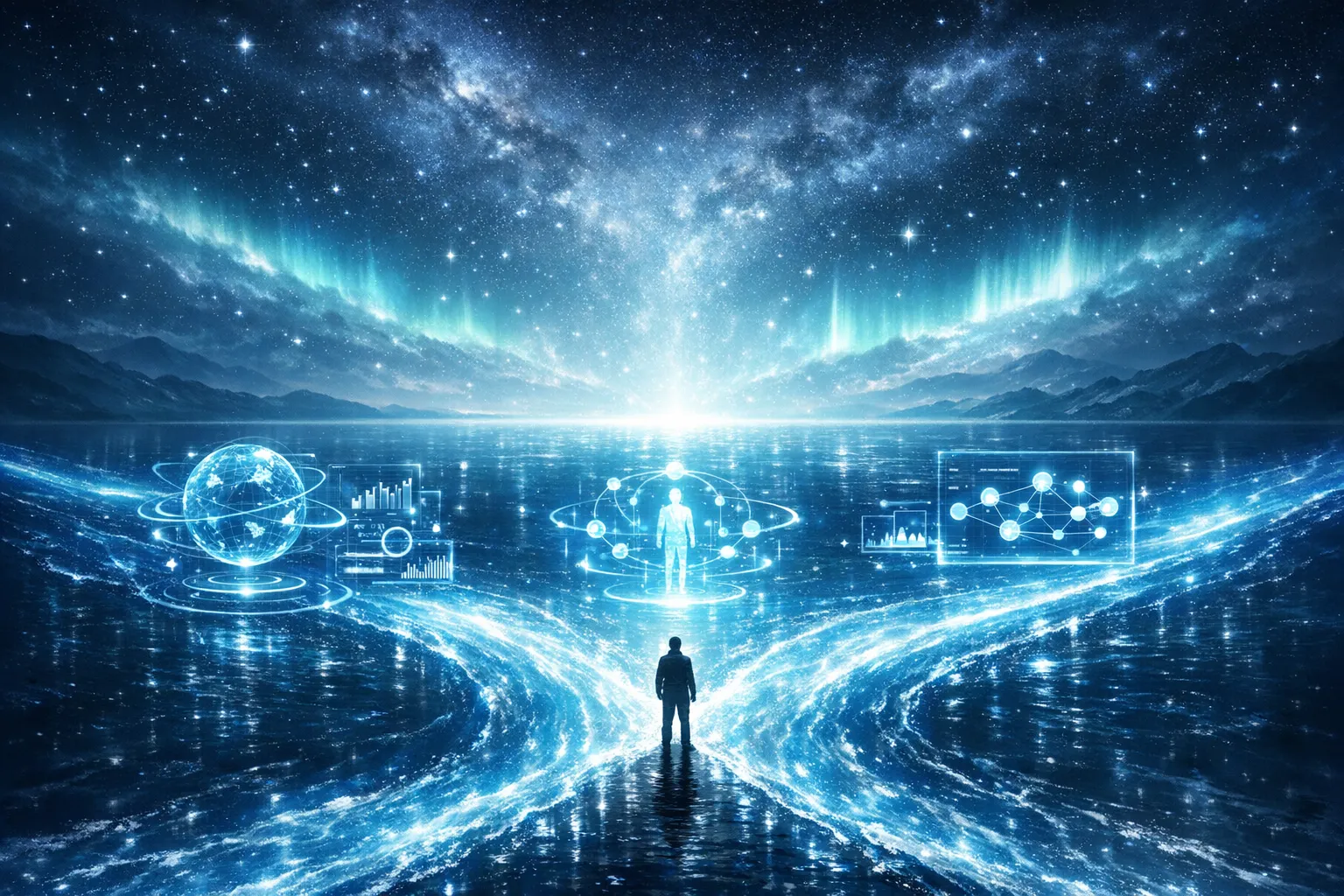 Three cosmic rivers converging into a luminous ocean representing the unification of advertising platforms through AI agents