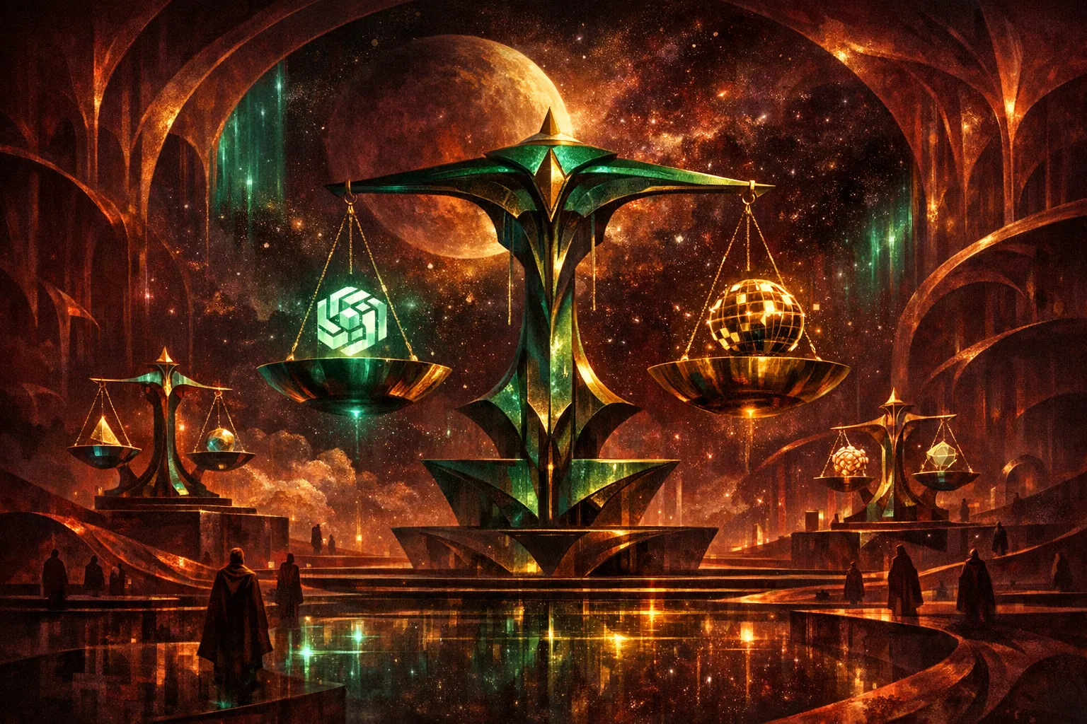 Cosmic scales weighing different AI platforms in a surrealist digital landscape