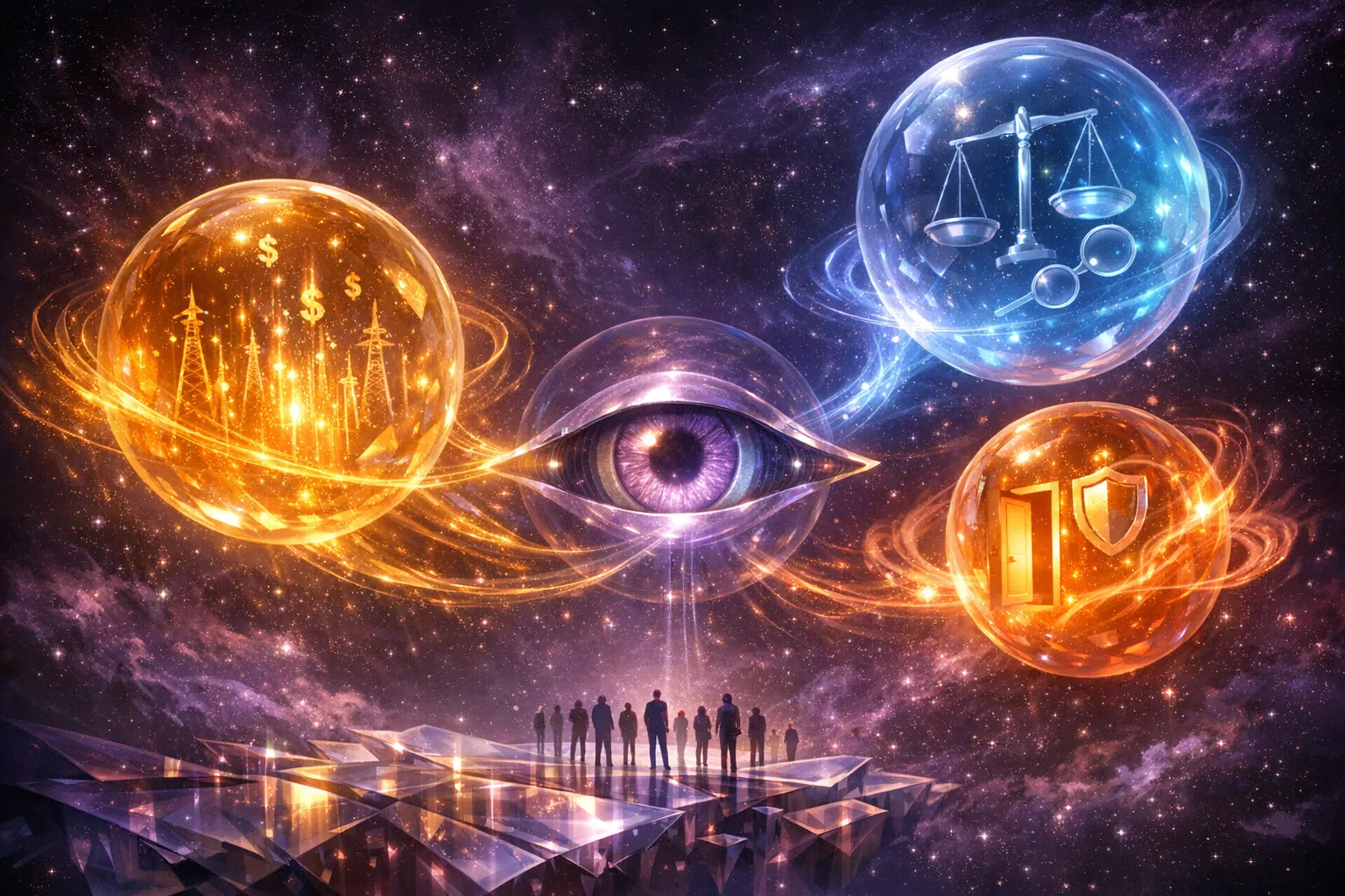 Three cosmic spheres representing the diverging business models of OpenAI, Google, and Anthropic orbiting a central decision node