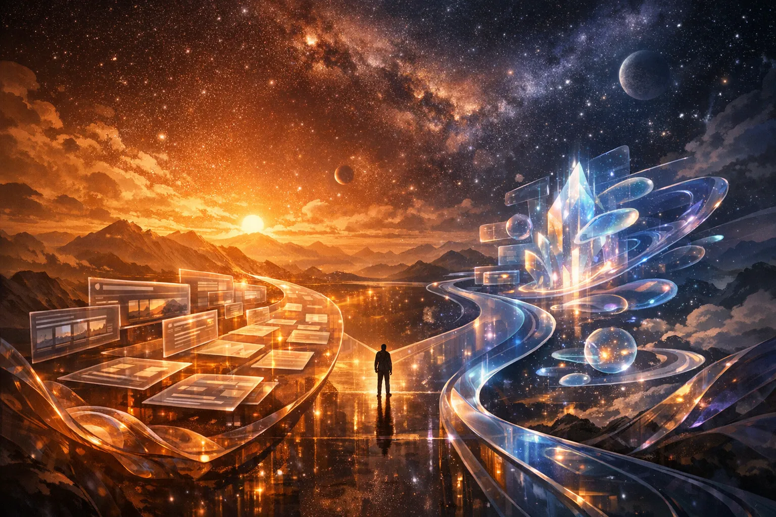 Two diverging cosmic pathways representing the shift from traditional search results to AI answer surfaces