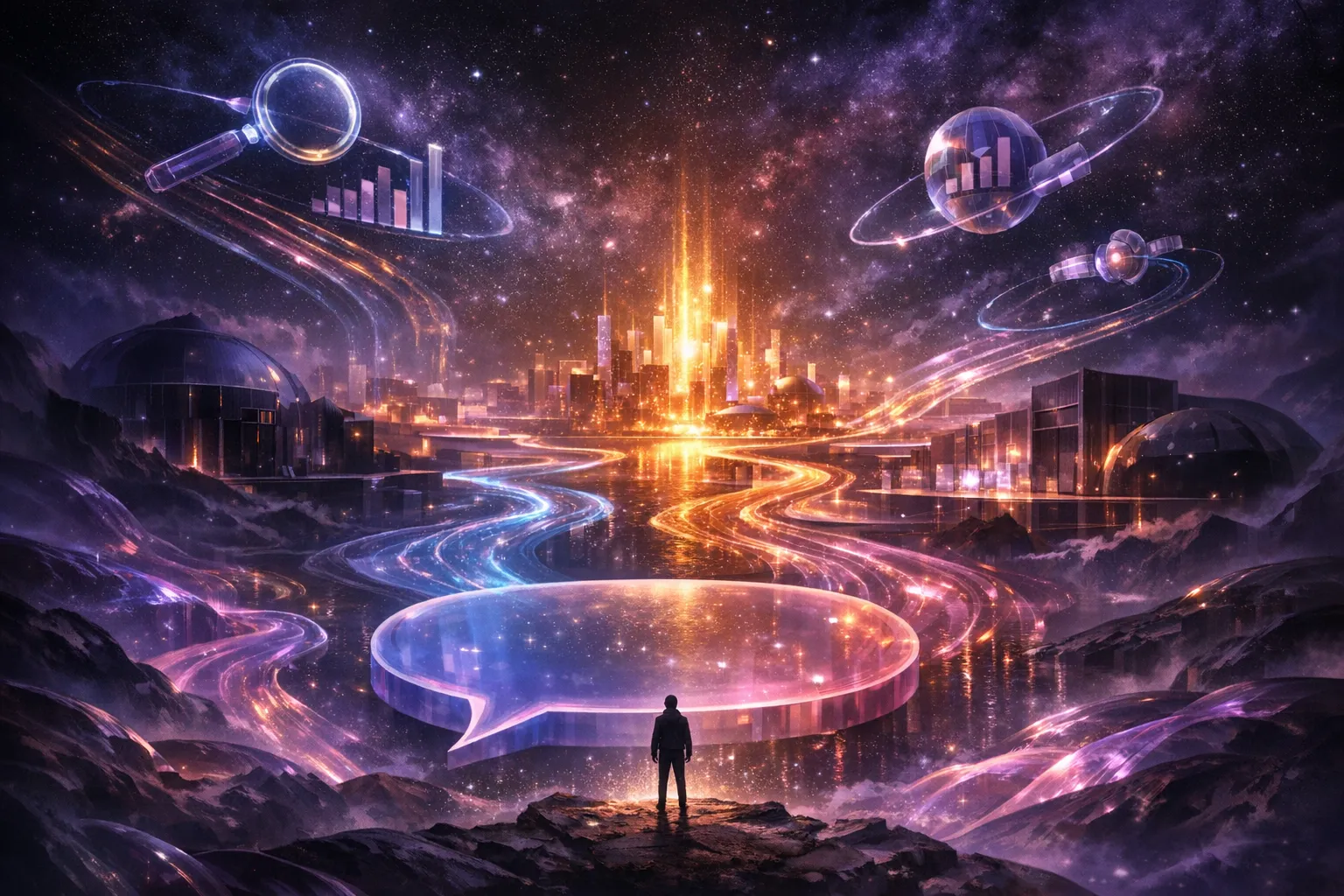 A lone figure navigating a vast digital marketplace that emerged from conversational AI, with measurement tools orbiting overhead and sections of the market still gated and dark