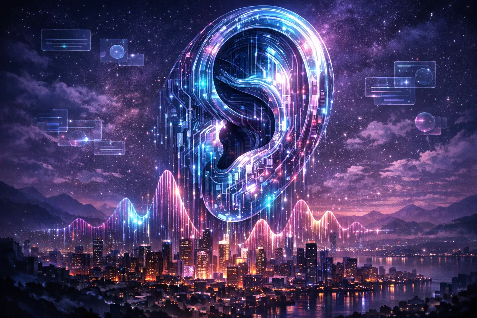 A circuitry-constructed ear floating above a miniature illuminated cityscape, where cascading sound waves selectively light up different buildings, symbolizing how voice AI agents discover and recommend brands across a digital landscape.