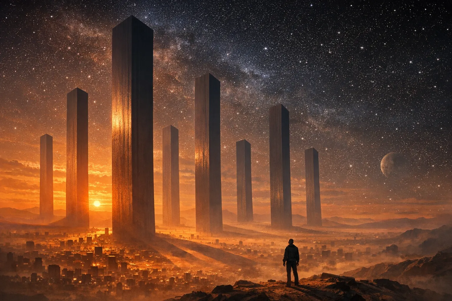 Surrealist editorial illustration showing towering monolith structures casting long shadows over a sprawling plain of barely-visible smaller structures, with a lone figure standing at the edge looking up