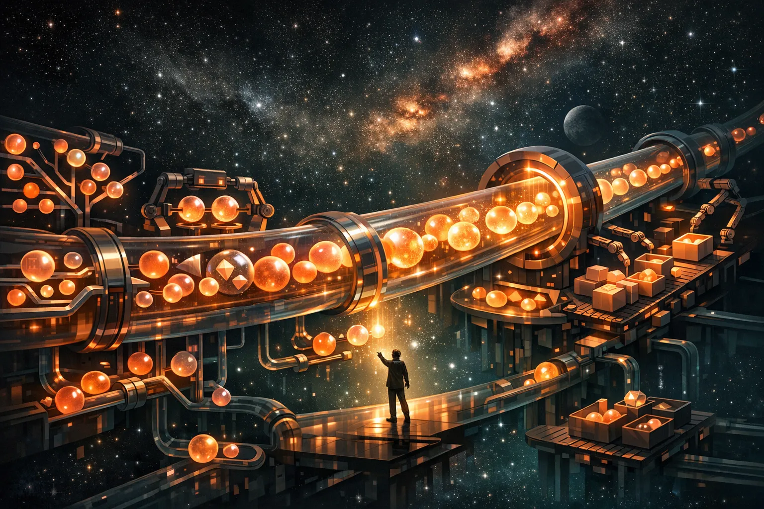 A luminous commerce pipeline flowing through a cosmic marketplace, with glowing product orbs passing through discovery, comparison, payment, logistics, and service stations. Some orbs flow seamlessly through every station; others get stuck in dead-end branches.
