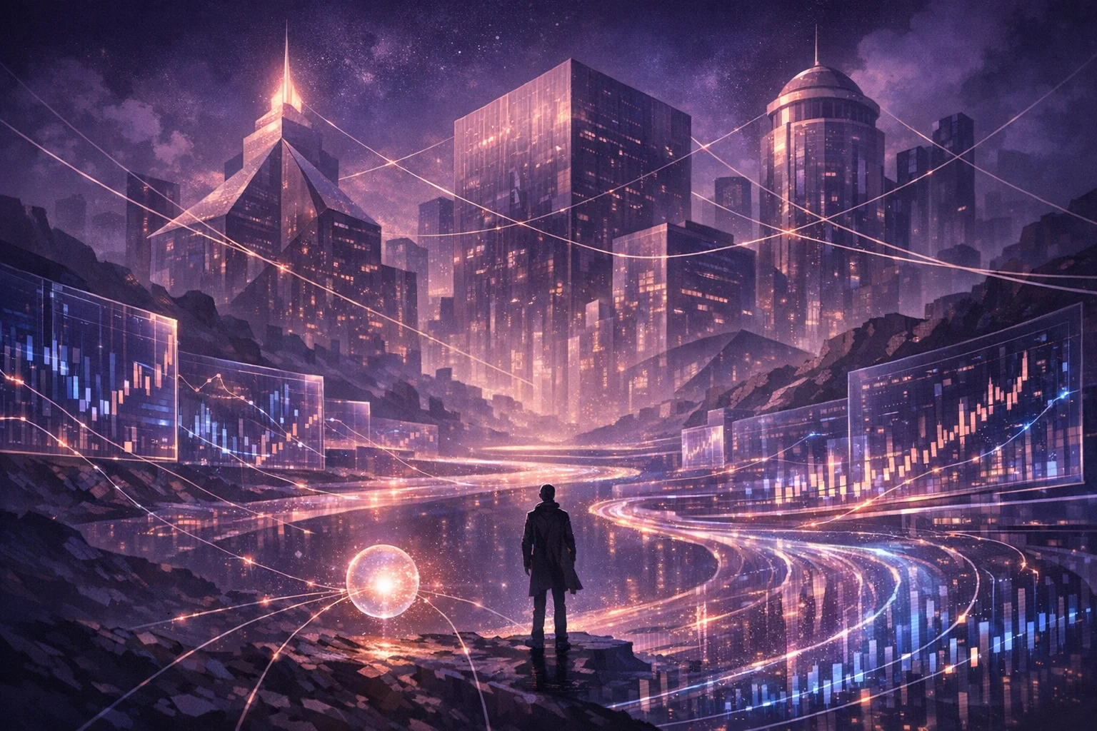 A lone figure standing at the edge of a cosmic financial landscape where data flows like rivers of light through floating holographic interfaces, connected by luminous threads to towering abstract banking forms