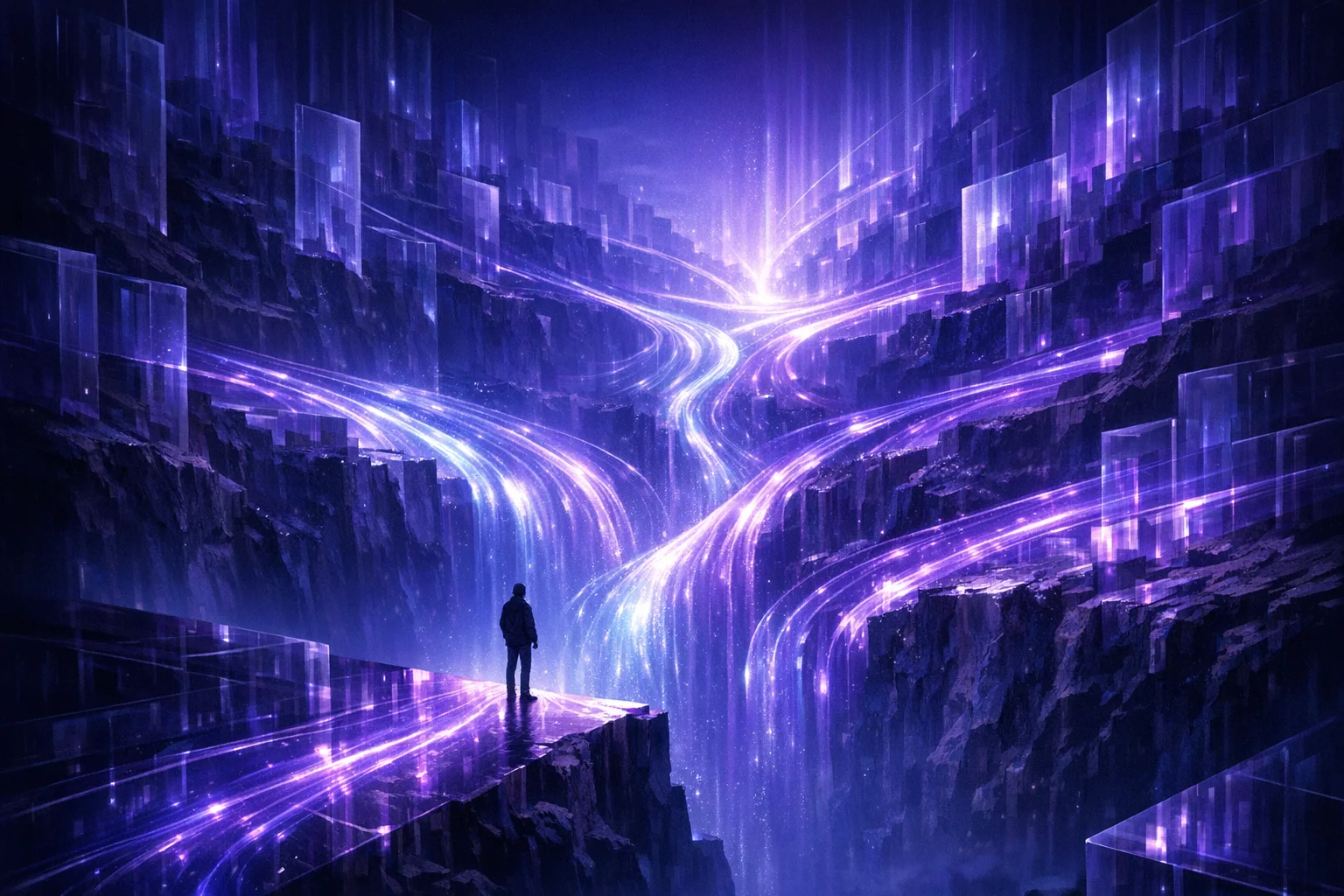 A surreal editorial visualization of luminous pathways converging through a vast dark digital landscape, representing the invisible infrastructure connecting AI agents to brand discovery. Deep indigo and electric violet palette with cascading light streams.