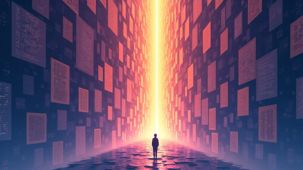 A vast library of floating pages with selected sources rising to the top, illuminated by golden light