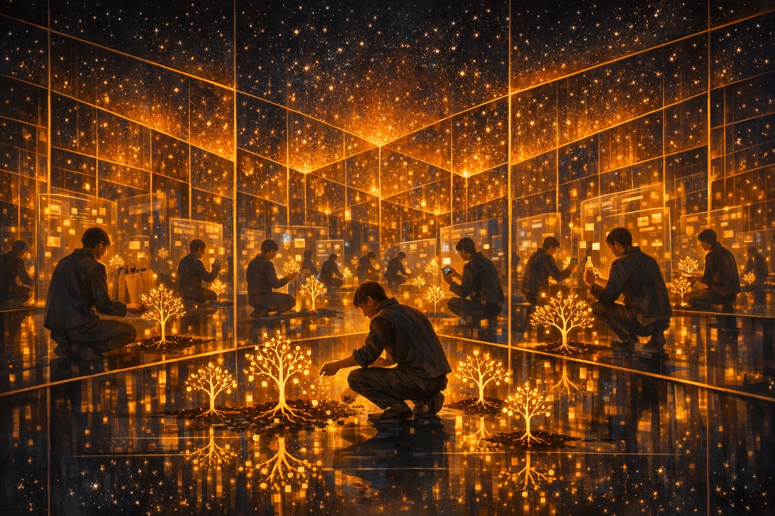Surrealist illustration of a vast hall of mirrors where each reflection shows a slightly different AI answer with brand names flickering in and out of visibility. A figure in the center plants glowing seeds that grow into citation trees visible in multiple reflections.