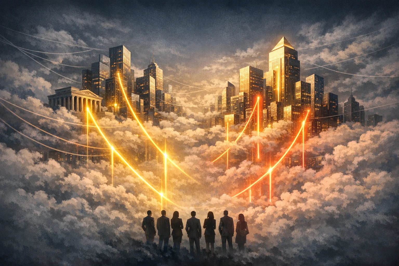 Surrealist illustration of a professional services skyline with law firm towers and consulting glass buildings rising from clouds. Faded referral telephone lines connect buildings while bright AI citation beams cut through clouds, directly connecting expertise signals to prospective clients.