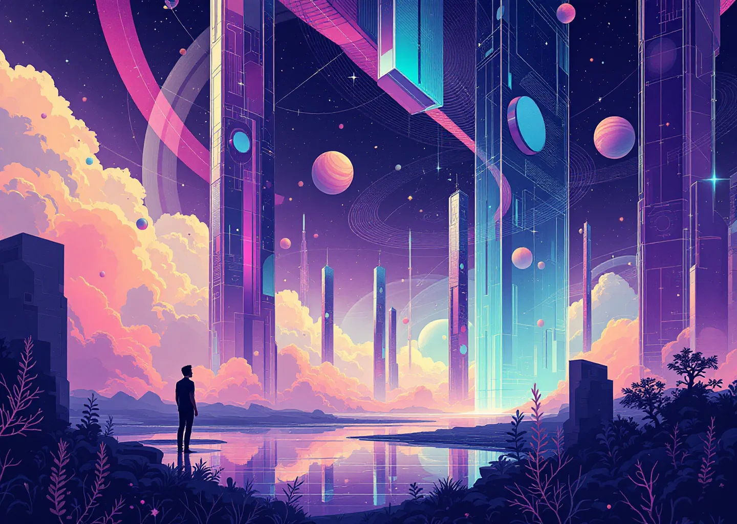 Editorial illustration of a conversational AI surface connected to campaign planning, CTV inventory nodes, and governed media execution rails