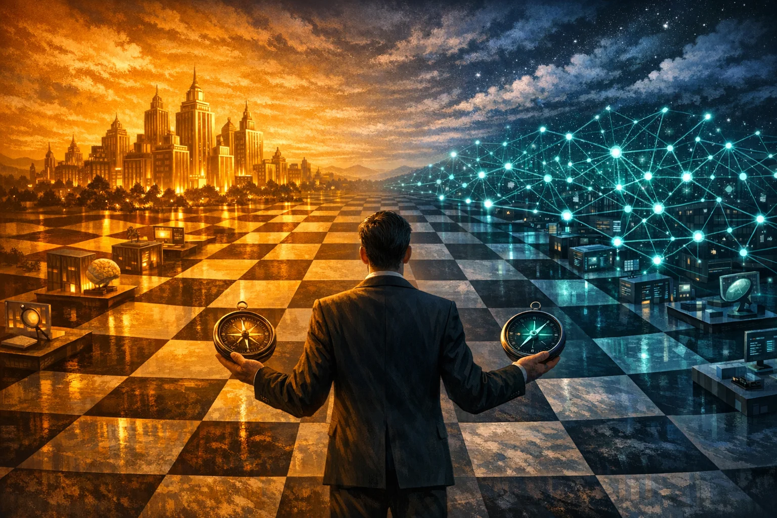 Surrealist illustration of a vast chessboard landscape where each square represents a different AI source. Golden institutional towers (Claude authority) glow on one side, while a dynamic web of interconnected data nodes (Perplexity retrieval) pulses on the other. A human decision-maker stands at the center holding two compasses pointing in opposite directions.