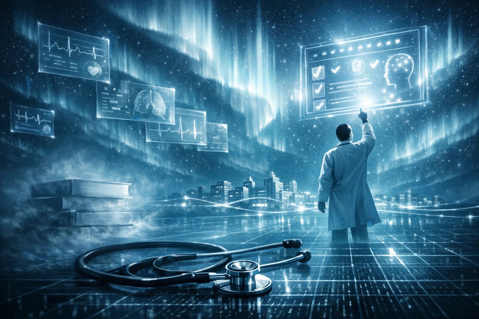 Surrealist illustration of a stethoscope lying on a vast digital landscape with holographic medical charts floating in the aurora borealis sky. A physician reaches toward a floating AI recommendation panel that glows with authority signals while traditional medical reference books fade below.