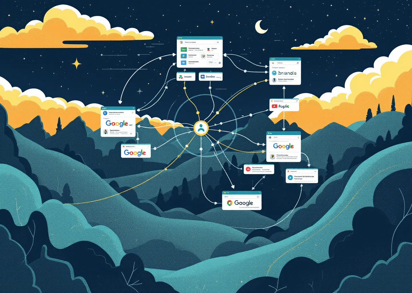 Editorial illustration of agent-managed search routing only a few trusted entities through structured task pathways