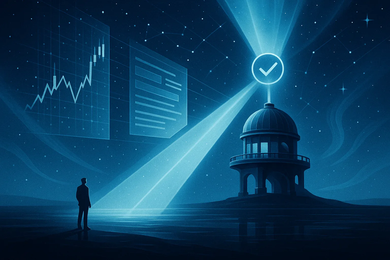 Conceptual illustration of financial signals and grounded search rays converging into a verified Gemini answer core