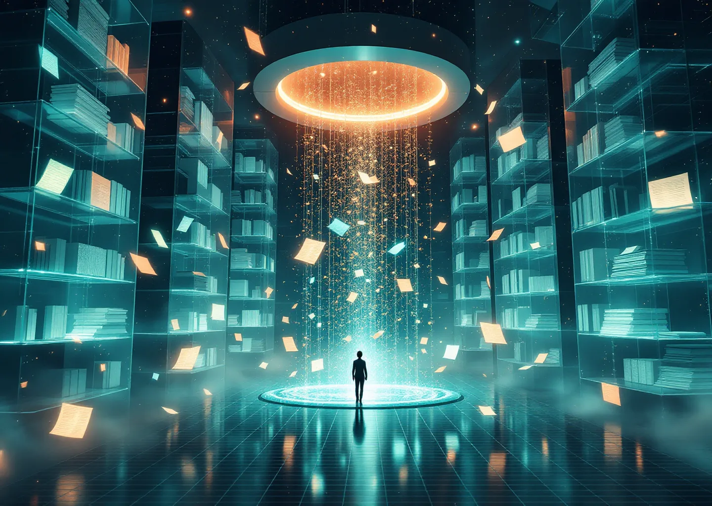 Conceptual illustration of grounded source blocks converging into a verified AI answer beam