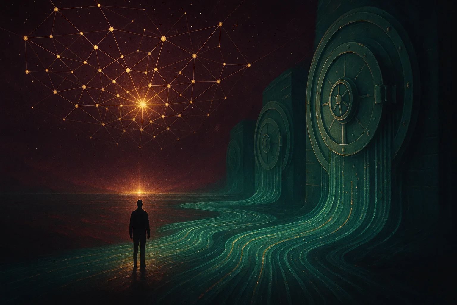 Conceptual editorial illustration showing a lone figure standing between a bright public-web constellation and a deeper field of private financial data streams flowing into one decision horizon