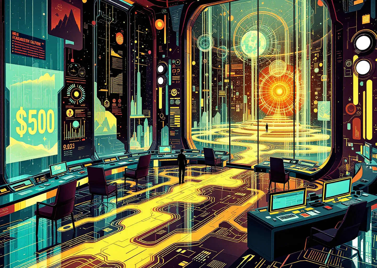 Conceptual illustration of an agentic media control room where data, creative, budget, and recommendation systems converge into one operating layer