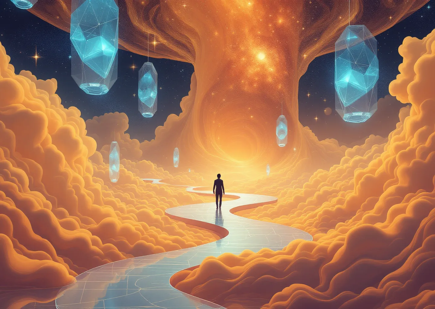 Editorial illustration of a layered commerce stack where conversational interfaces sit above identity, catalog, and payment rails